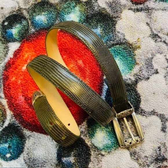 Brighton Womens Large Vintage Brown Green Leather Faux Lizard Skin Embossed Belt - Picture 2 of 13